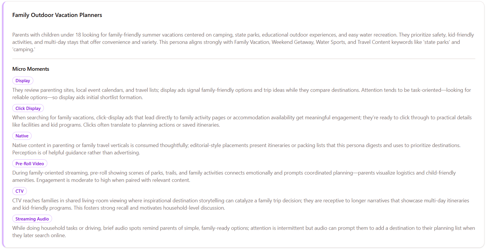 Family Outdoor Vacation Planners micro-persona with channel-specific micro-moments across Display, Click Display, Native, Pre-Roll, CTV, and Streaming Audio